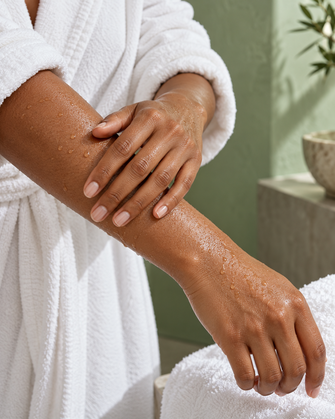 Illustrative body-care lifestyle image of hands resting on an arm; not a customer result.